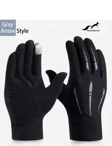 Vue détaillée de gants de cyclisme longs avec doigts tactiles et motifs fléchés réfléchissants.