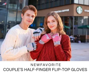 Cozy knit couple fingerless flip-top gloves detail showing warm fabric and cute heart embroidery.