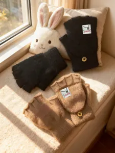 Cozy plush half-finger flip gloves for winter, warm convertible mittens for daily use.