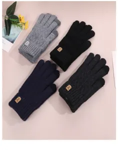 Detailed view of winter knit touch screen gloves, multi-color warm fleece lined design.
