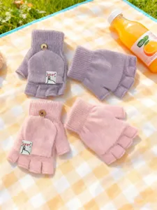 Detail view of winter warm half finger flip top gloves, imitation mink velvet for students.