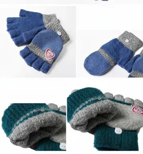Detailed view of winter warm knit convertible half finger gloves with button and fleece lining.