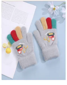 Detailed view of kids knit gloves, colorful fingers, cute excavator pattern, warm winter wear.