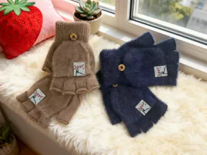 Soft imitation mink velvet convertible winter gloves, warm fingerless student writing mittens.