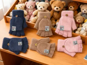 Fuzzy half-finger flip convertible warm thick plush gloves for winter students daily wear.