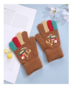 Children winter warm knitted five finger gloves with cute cartoon excavator design for boys.