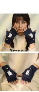 Women winter plush fingerless flip-top gloves warm cute rabbit design navy blue knit wear