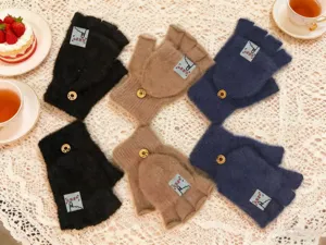 Women winter warm semi-finger flip gloves faux mink fleece cute casual student gloves