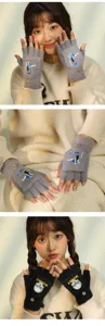 Winter plush half-finger flip gloves for women, cozy knitted thermal convertible mittens.