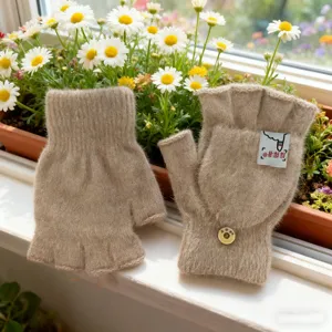 Winter Thickened Knitted Half Finger Flip Cover Warm Gloves Women Men Cute Button Convertible Fingerless Gloves
