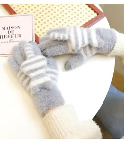 Winter warm fluffy striped touch screen gloves for women, cozy plush knit thermal gloves for cold weather.