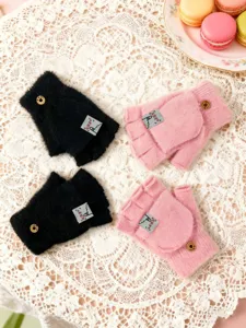 Winter half-finger flip cover warm imitation mink velvet gloves, cute student writing gloves