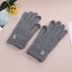 Grey winter touchscreen knitted gloves for men, warm double-layer thermal gloves.