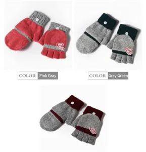 Detailed view of knitted convertible half finger gloves with heart patch and warm fleece.