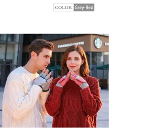 Couple knit flip-top half-finger gloves winter warm thick cute stylish grey red pair mittens