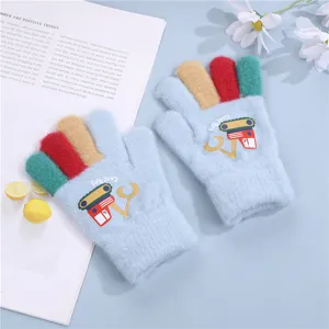 Kids winter warm knitted five-finger gloves for boys cute cartoon excavator design wear