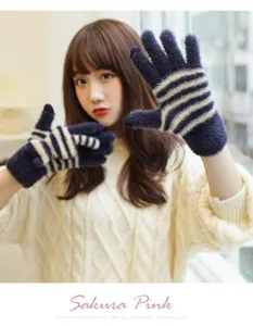 Winter warm plush touchscreen gloves with blue and white stripes, soft and comfortable.