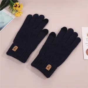 Men winter warm knitted touchscreen gloves with fleece lining and wool texture for cold weather.