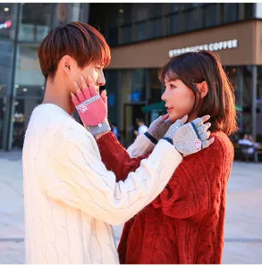 Winter couple knit fingerless gloves, thick warm flip-top design for men and women daily wear.