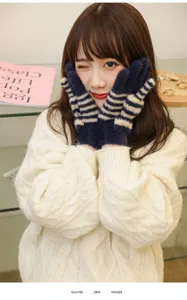 Detail view of winter warm plush touchscreen gloves with cozy striped design for cold days.
