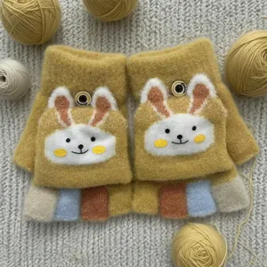 Children winter knit half finger gloves cute rabbit flip cover warm gloves kids mittens