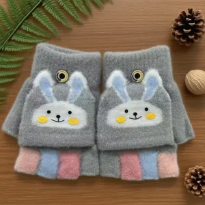 Kids winter knit half finger flip cover gloves with cute rabbit design, warm cozy.