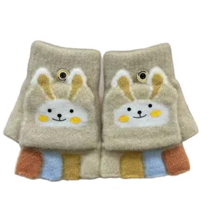 Children winter half-finger flip gloves cute rabbit design knitted warm kids writing mittens