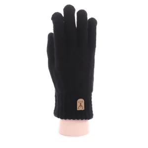 Men winter black knitted touchscreen warm gloves with fleece lining and cuff patch.