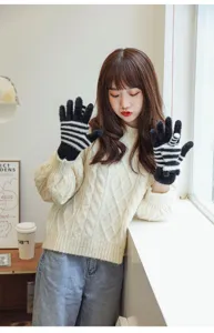 Winter cute plush touchscreen gloves with black and white stripes for warm daily wear.