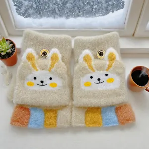 Kids Winter Warm Knit Gloves Cute Cartoon Rabbit Flip Half Finger Writing Gloves For Boys And Girls Daily Student Mittens