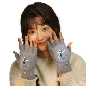 Winter plush half-finger flip gloves for women, warm and comfortable for daily writing.