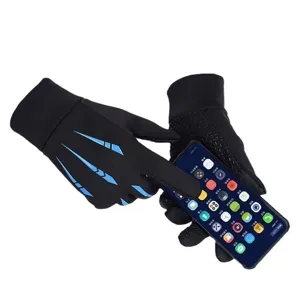Gants de cyclisme noirs à doigts complets avec impression de griffes bleues, polaire antidérapante.