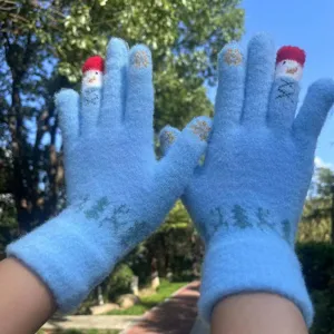 Winter warme gebreide touchscreen handschoenen voor heren en dames, blauw pluche ontwerp.