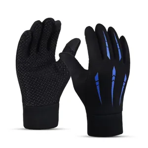 Black winter cycling gloves with blue reflective stripes, thermal touch screen outdoor sports wear.