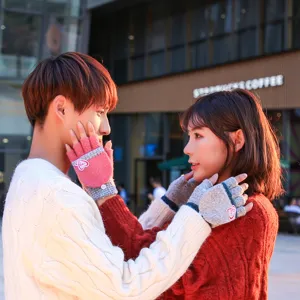 Winter Warm Couple Flip Cover Half Finger Gloves Thickened Fleece Lined Knitted Gloves Outdoor Daily Wear