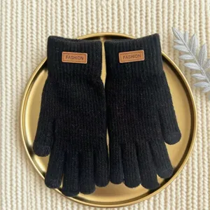 Winter black knitted five-finger gloves warm cute touchscreen gloves with fashion label