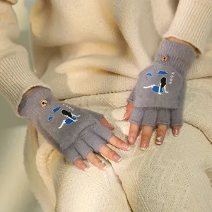 Winter warm knit fingerless gloves for women convertible half finger plush grey gloves