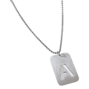 Silver titanium steel square letter A pendant necklace for hip hop fashion style daily wear.