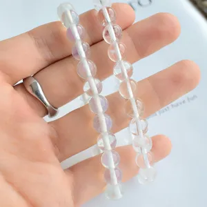 Crystal beaded bracelet detail, transparent and iridescent stone stretch design.