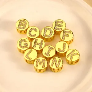 Luxurious Gold Plated Copper Round English Letter Charms Sparkling Rhinestone DIY Jewelry Accessories