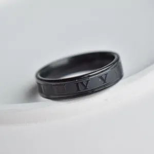 Schwarzer Edelstahl Ring mit romischen Ziffern fur Herren, moderner Modeschmuck!