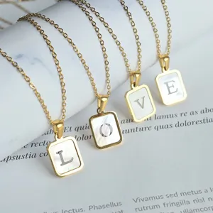 Goldener Edelstahl rechteckige Muschel Buchstabe Anhänger Halskette Mode Schmuck Damen