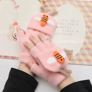 Süße rosa Strick-Fingerling-Handschuhe mit niedlichem Bienen-Dekor für Damen im Winter warm.