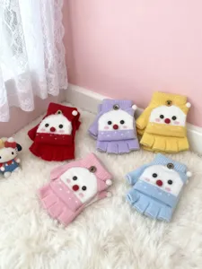 Cute kids winter warm flip-top half finger knitted gloves featuring adorable cartoon style.