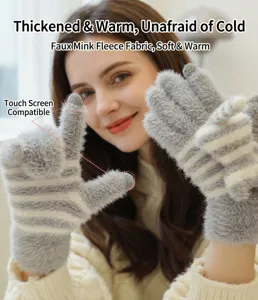 Winter warm plush touchscreen gloves for women, cute grey and white striped thermal gloves.
