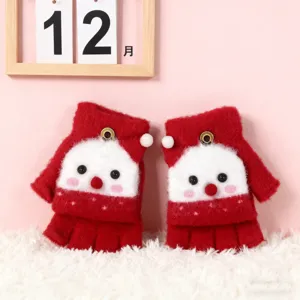 Cute winter warm cartoon knit half-finger flip gloves for kids, red cozy design detail view.