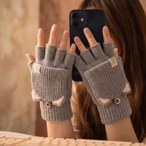 Unisex Thickened Thermal Knit Gloves Cute Cat Ear Flip Half Finger Gloves Winter Warm Writing Office Gloves Acrylic