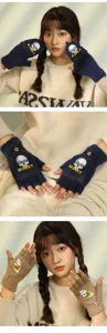 Winter warm half-finger plush gloves for women cute skull embroidery convertible design