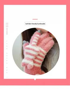 Winter cute plush touch screen gloves for women, warm knit striped mittens with cat design.