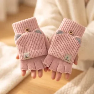 Pink cute cat ear knitted half finger convertible winter warm gloves for student